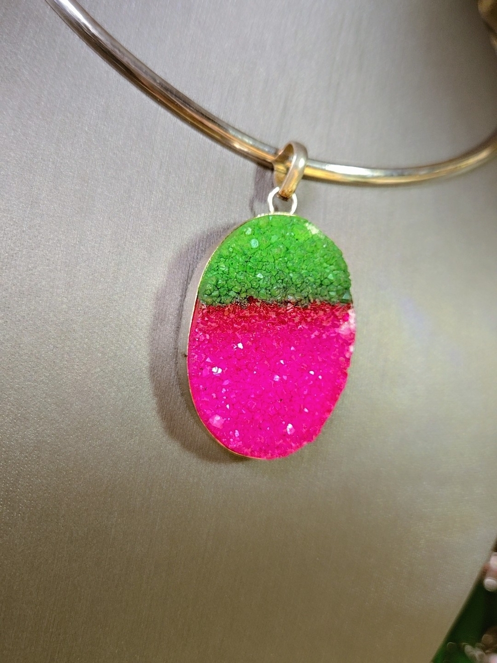 Green and Pink Watermelon Crystal Druzy Oval Pendant In 925 Silver - Picture 2 of 15